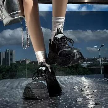 Fashion 2024 Spring Air Mesh Leather Fall Thick Sole Vulcanized Women s Thick Sole Sneakers Comfortable Vulcanized Shoes 35 чёрный