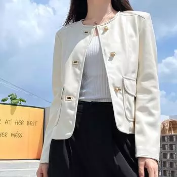 FASHION 2024 Spring and Autumn Fashion Crew Neck Double Pocket Single Break PU Leather Jacket Women s Short Long Sleeve Three Buckles Trendy Clothes S чёрный