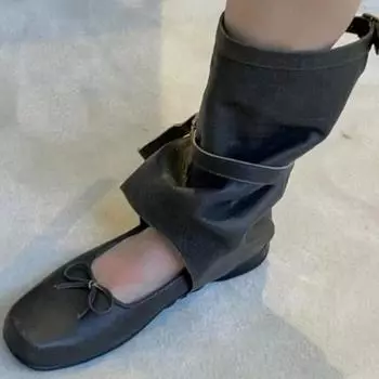 fashion 2024 Spring and Autumn Fashion Women s Boots Solid Color Round Toe Square Heel Short Bow Decorative Buckle Women s Sandals 35 черный серый