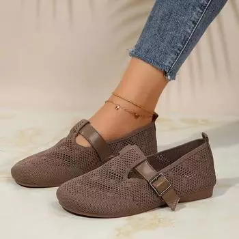 Мода 2024 года, весна и осень, модная женская обувь, новые туфли на плоской подошве с круглым носком, однотонные, сетчатые, дышащие, с пряжкой 36 чёрный
