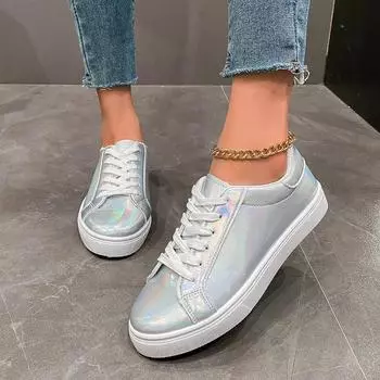 Мода 2024 Весна и Осень Высококачественная женская спортивная обувь Модные круглые носки однотонные глянцевые женские туфли на шнуровке из вулканизированной стали 36