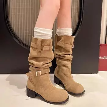 Fashion 2024 Spring and Autumn Hot Selling Women s Boots Fashion Round Toe Solid Color Medium Heel Buckle Sleeve Women s High Boots 35 хаки