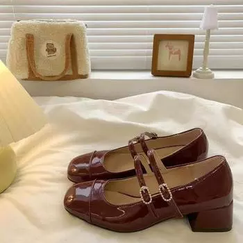 Мода 2024 Весна и Осень Лидер продаж Женская обувь Квадратный носок Неглубокий носок Однотонный низкий каблук Ремешок Ремешок Женская Мэри Джейн 36 чёрный