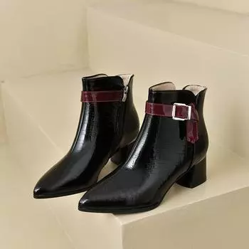 Fashion 2024 Spring and Autumn New Fashionable Pointed Color Blocked Leather Face Buckle Side Zipper Comfortable Bare Boots Single Boots 35 вино красного