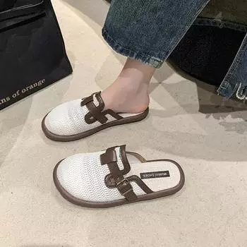 Мода 2024 Весна и Осень Новые плоские тапочки Baotou Толстые женские тапочки Ткань Ретро Домашние туфли с мелким горлом Женская обувь 35 бежевый