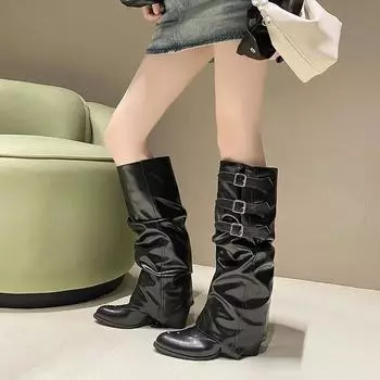 Fashion 2024 Spring and Autumn New High Quality Women s Boots Fashionable Pointed Solid Color Medium Heel Sleeve Women s High Boots 34 чёрный