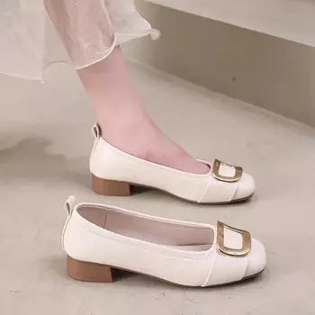 Мода 2024 Весна и Осень Новые женские балетки с квадратным носком на среднем каблуке с квадратным носком и мелкой пряжкой Повседневные туфли Женские лоферы без застежек 35 хаки