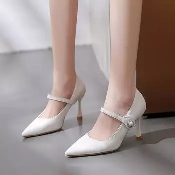 Fashion 2024 Spring and Autumn Season New Fashion Pointed Solid Pearl Light Mouth Outer Wear Leather Women High Heels Women s Shoes 34 бежевый