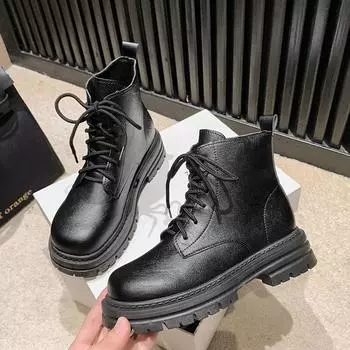 мода 2024 Весна и осень Модные ретро-ботинки на шнуровке спереди для женщин Короткие модные ботинки Martin на толстой подошве с цепочкой 35