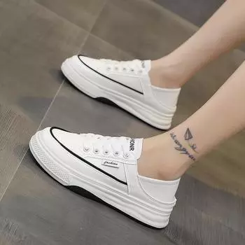 Модные женские кроссовки весна-осень 2024 года на толстой подошве с круглым носком, на шнуровке, легкие, дышащие, однотонные 35 черный белый