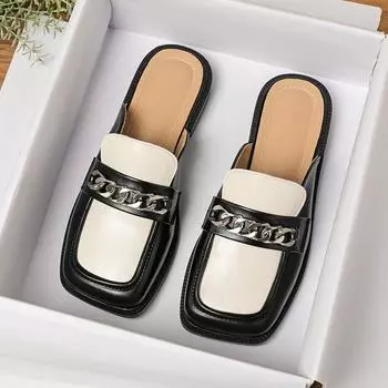 мода 2024 весна и осень женская одежда плоские тапочки квадратная металлическая цепочка британский стиль праздничная и рабочая одежда женские повседневные мюли 41-43 35 чёрный
