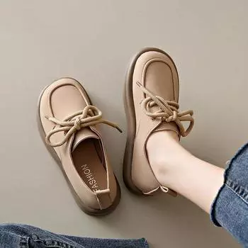 Fashion 2024 Spring Autumn Lace Up Loafers Comfy Round Toe Women Pu Leather Moccasins Women Soft Soled Flats Solid Casual Board Shoes 35 чёрный