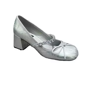 fashion 2024 Spring Autumn Mary Jane Shoes Fashion Shallow Round Toe Mid Heel Shoes Ladies Elegant Outdoor Single Pumps Shoes 35 серебряный