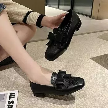 Fashion 2024 Spring Autumn New Genuine Leather Deep Mouth Square Toe Thick Heel Bowknot High Heel Slip-On Loafers Shoes Women 35 чёрный