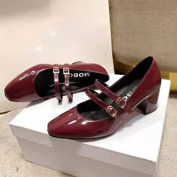 fashion 2024 Spring Autumn Women Double Buckle Shoes Leather Square Head Square Heel Solid Color Women s Shoes 34