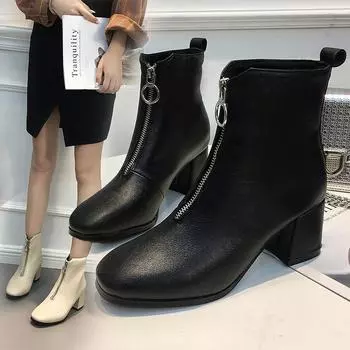 Fashion 2024 Spring Autumn Women New Fashion Round Head Front Zipper Low Heel Boots Black Shoes Waterproof Shoes ghn89 35 бежевый