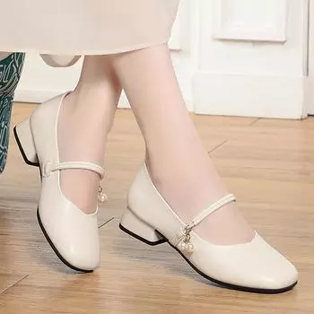 Мода 2024 Весна Новый Бренд Женские Туфли На Массивном Каблуке Элегантные Модные Туфли Женские Туфли На Высоком Каблуке Босоножки Без Застежек На Среднем Каблуке Мюли 35 бежевый