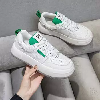 Fashion 2024 Spring New Shoes Fashion Small White Shoes Genuine Leather Thick Sole Fashion Shoes Women s Sports and Casual Board Shoes 35 зелёный