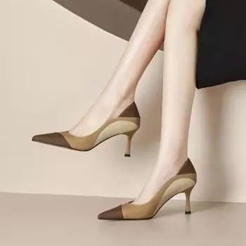 Мода 2024 Весна Лето Разноцветные Туфли с острым носком на высоком каблуке Одиночные туфли Новые Темпераментные Туфли на шпильках Кожаные Элегантные Женские Туфли 34 коричневый
