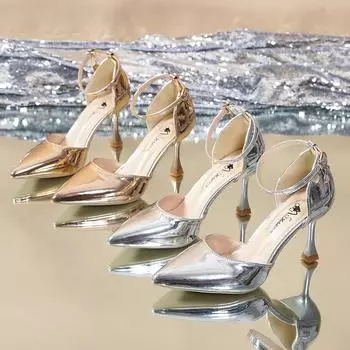 Fashion 2024 Spring Summer New French Heels Women One Word Buckle Strap Pointed Stiletto Shoes Ladies Shallow Mouth Empty Sandals Female 34 золотой