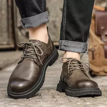 Fashion 2024 Spring Versatile Genuine Leather Casual Shoes for Men Lace Up Outdoor Oxford Jogging Shoes Men Outdoor Daily Commute Shoes 38 хаки