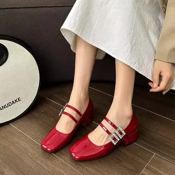 Fashion 2024 Spring Women Mid Heels Mary Jane Shoes Fashion Shallow Buckle Ladies Chunky Sandals Soft Leather Women s Dress Party Shoes 35 вино красного