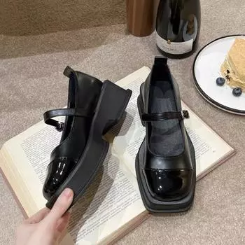 Fashion 2024 Spring Women Pumps Square Toe Buckle Low Heel Mary Jane Shoes Shallow Ladies Casual Soft Ballerina Solid Low Heel Loafers 35 бежевый