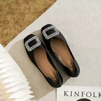 Мода 2024 Весна Женские Туфли На Плоской Подошве Корейский Стиль Металлический Кристалл Дизайн Женские Повседневные Черные Туфли Мэри Джейн Офисные Туфли Большие размеры 41-43 35 чёрный