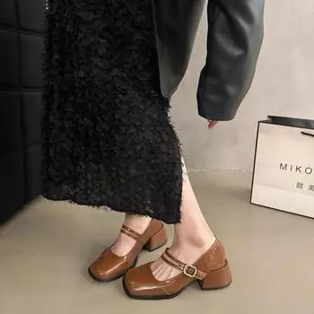 Fashion 2024 Spring Women s Shoes Ladies High Heels Casual Mary Janes White Square Toe Design Career and Commuting Korean Style 35 чёрный