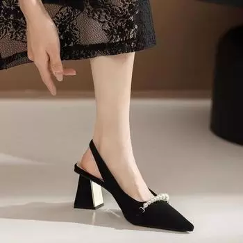 Мода 2024 года, стиль, лето, новые универсальные туфли на среднем каблуке с пряжкой и толстым каблуком, темпераментные женские туфли на высоком каблуке 35 чёрный