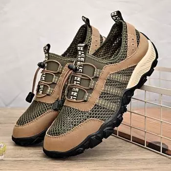 Fashion 2024 Summer Breathable Mesh Men s Shoes Hollow Out Casual Anti Slip Mountaineering Outdoor Mesh Shoes 38 серый