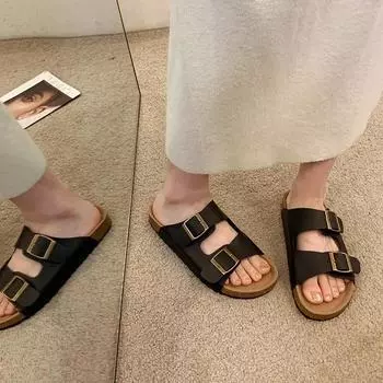 Мода 2024 года, летние высококачественные женские тапочки, новые женские туфли, однотонные, с пряжкой, металлическим украшением, на низком каблуке, женские туфли на плоской подошве 35
