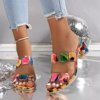 Fashion 2024 Summer Hot Selling High Quality Women s Shoes Fashionable Open Toe Color Block Square Heel Roman Women s Beach Slippers 35