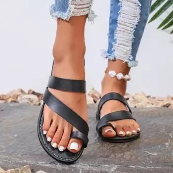 Fashion 2024 Summer Hot Selling Women s Shoes Fashionable Slip-on Flat Heel Women s Slippers Solid Color Casual Women s Beach Shoes 36 чёрный