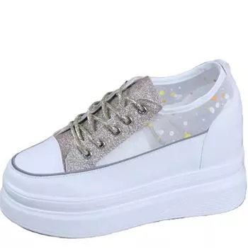 fashion 2024 Summer Mesh Breathable Lace-up White Shoes Women s Thick Bottom Wedge Heel Increased 8CM Casual Lace Shoes Sneakers 34 оранжевый
