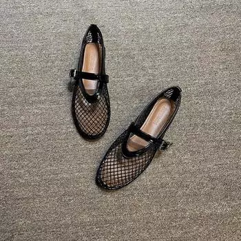 fashion 2024 Summer Mesh Hollow Sandals Women Flats Shallow Loafers New Beach Walking Designer Shoes Comfort Retro Female Zapatillas 35 чёрный