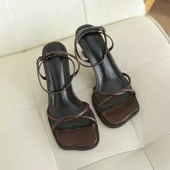 Fashion 2024 Summer Narrow Band Heel Sandals Women Thick Heel 7 CM Ankle Strap Fashion Square Toe Ladies Dress Sandalias Women s shoes 34