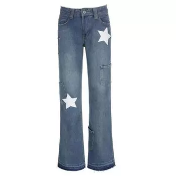 Fashion 2024 Summer New Arrival Women s Clothing High Waist Straight-leg Pocket Washed Old Five-Pointed Star Print Patchwork All-Matching Jeans Blue S