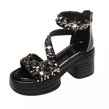 Fashion 2024 Summer New Fashion Casual Square Head All-match Platform High Heels Bright Leather Open Toe Waterproof Roman Sandals 34 чёрный