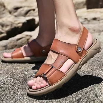 Fashion 2024 Summer New Flat Slip on Leather Sandals Men Fashion Non-slip Slippers for Male Outdoor Comfortable Sandy Beach Men Sandals 38 чёрный