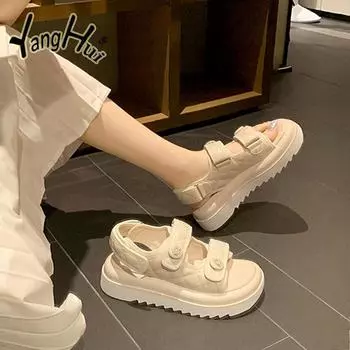 Fashion 2024 Summer New High Grade Small Fragrant Sandals Women s Fashion Outwear Casual Sport Sandal Open Toe Thick Sole Student Sandal 35 бежевый
