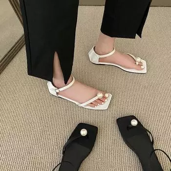 Fashion 2024 Summer New Large Women Shoes Square Headed Pearl Sandals for Women Casual and Comfortable Sandals Shoes for Women 35 чёрный
