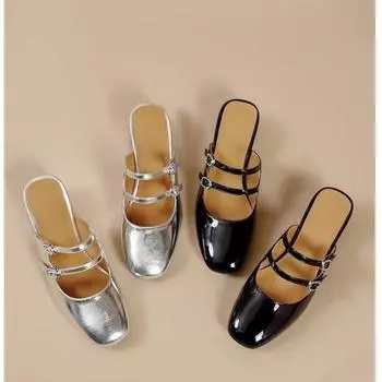 Fashion 2024 Summer New Outward Wearing Baotou Slippers Solid Color One Line Buckle Strap Sexy Simple Versatile Single Shoes for Women 35 серебряный