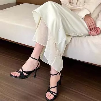 fashion 2024 Summer New Sandals Leather Beige Women s Shoes High Heels Black Sandals Women s Comfort New Fashion High Heel Sandals 35 чёрный