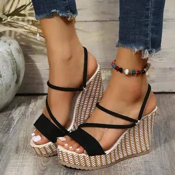 Fashion 2024 Summer New Sandals Slope Heel Waterproof Platform Thick Sole Sandals High Heel Cake Sole Roman Sandals Large 35 чёрный