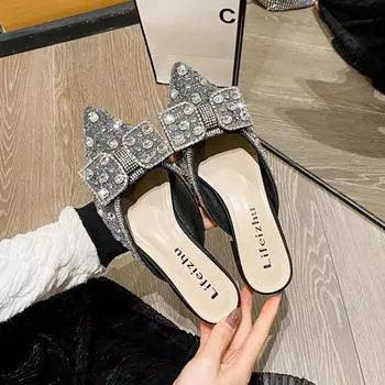 Fashion 2024 Summer New Shoes for Women Beautiful Rhinestone Slipper Outdoor Pointed Toe Casual Sandals Girl Heels Mules Shoes 35 бежевый