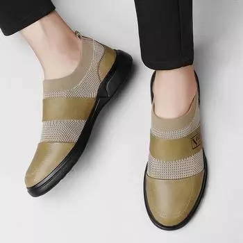 Fashion 2024 Summer New Soft-Soled Men High Quality Leather Shoes Business Breathable Casual Shoes Fashion Flats Comfort Loafers Shoes 38 хаки