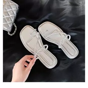 Fashion 2024 Summer New Sparkling Water Diamond Toe Set Exquisite Fairy Style Flat Bottom Slippers for Women 35 серебряный