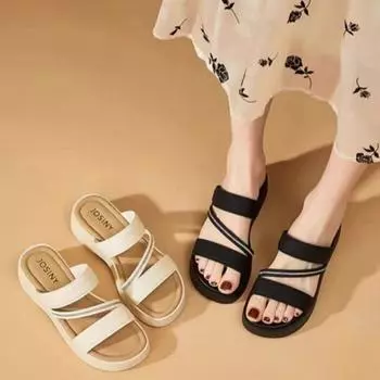 Fashion 2024 Summer New Thick-soled Slippers for Women Non-slip Casual Versatile High-heeled Solid Color Women Sandals Shoes for Ladies 35 бежевый