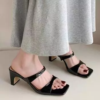 Fashion 2024 Summer New Women s Slippers Square Toe Elegant Narrow Strap Solid Color Casual Sandals Women s Dress Shoes Large Size 43 35 чёрный